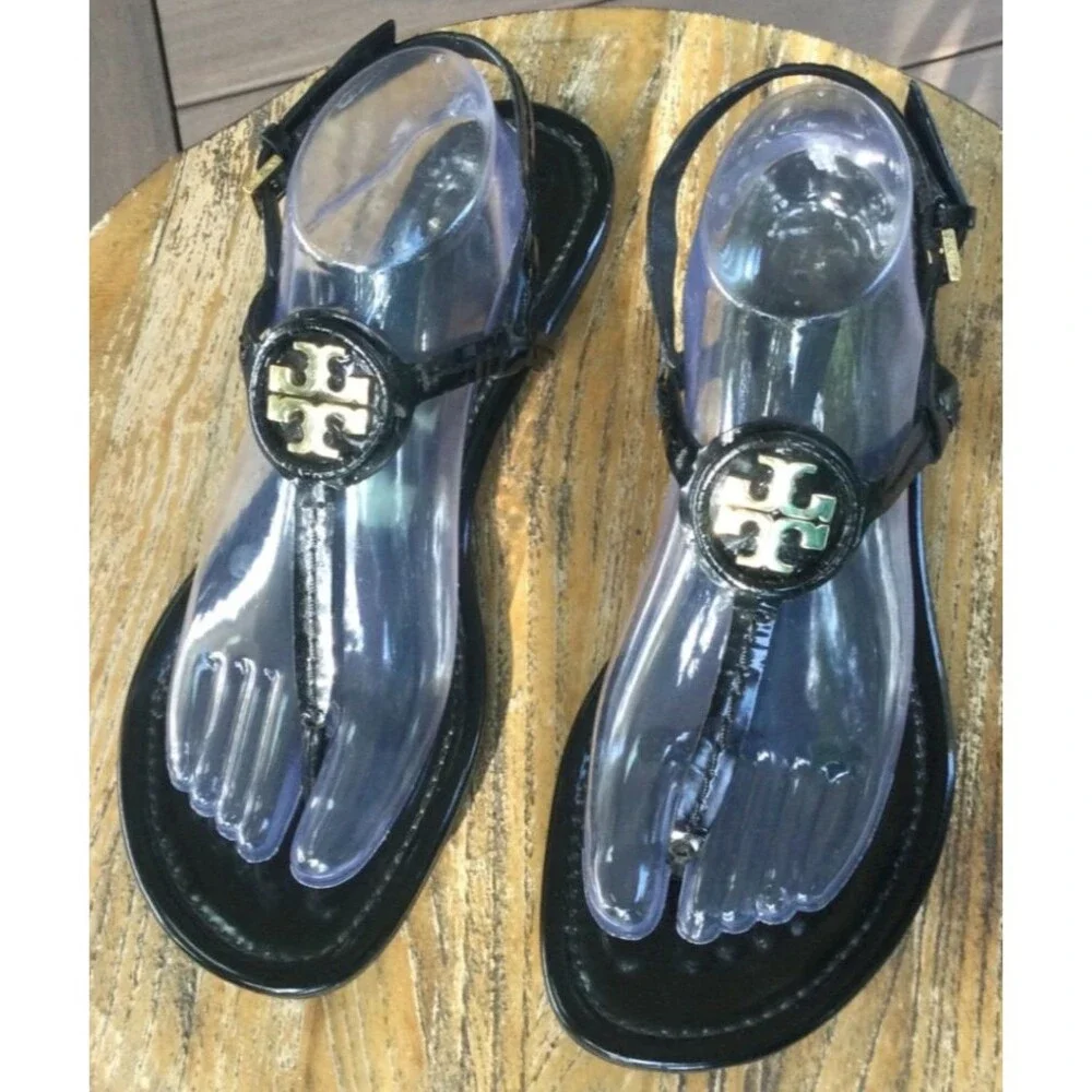 Tory Burch Dillan Black Patent Leather Flat Sandal Womens Size 10.5